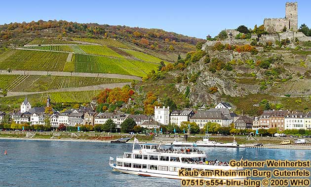 Goldener Weinherbst am Mittelrhein, Rheinschifffahrt bei Kaub am Rhein mit Burg Gutenfels